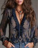 Vintage Design Elegant Vacation Style Baroque Paisley Pattern Ruffle Zipper Chiffon Blouse