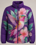 Purple Hummingbird Puffer Jacket