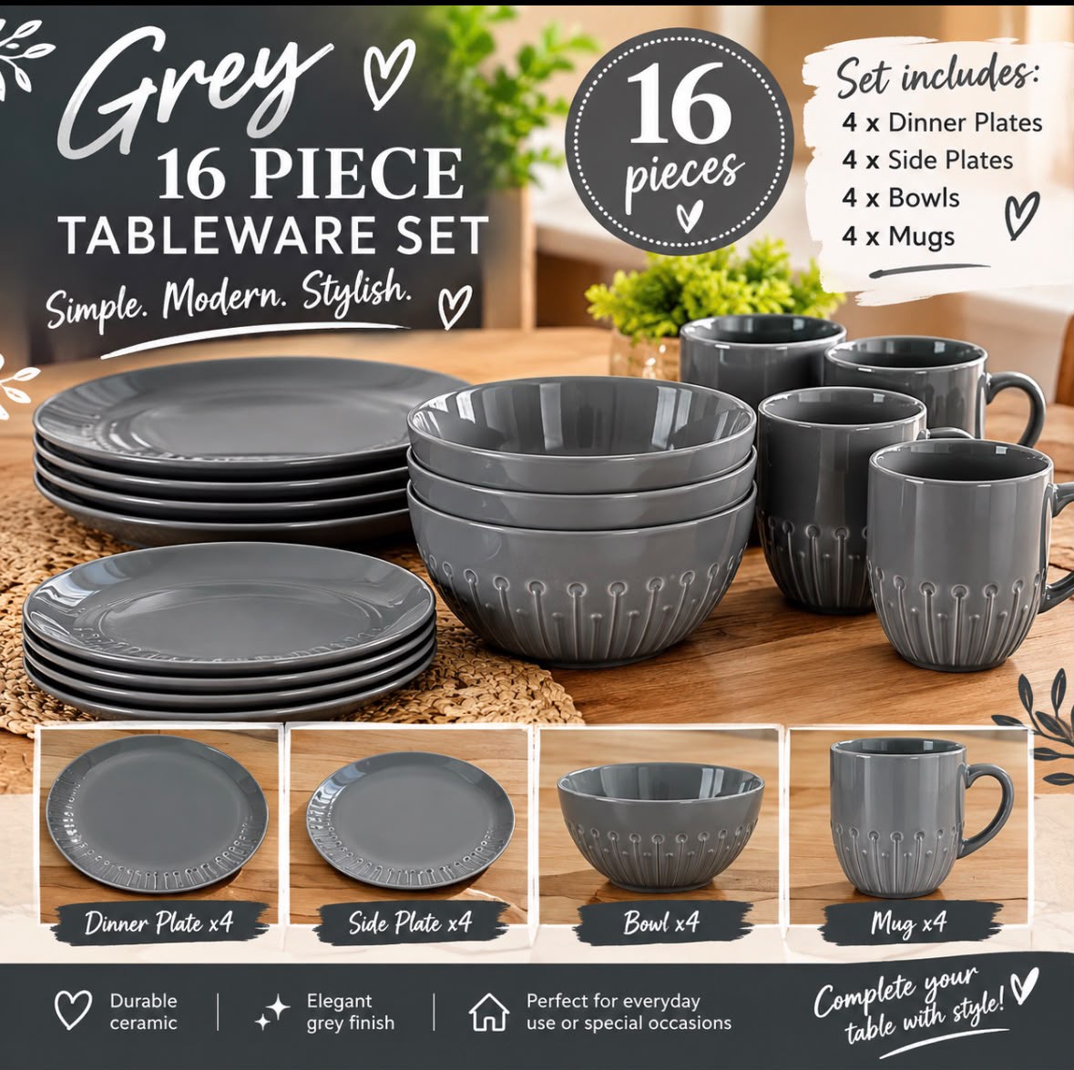 16PC Dinner Set - Grey