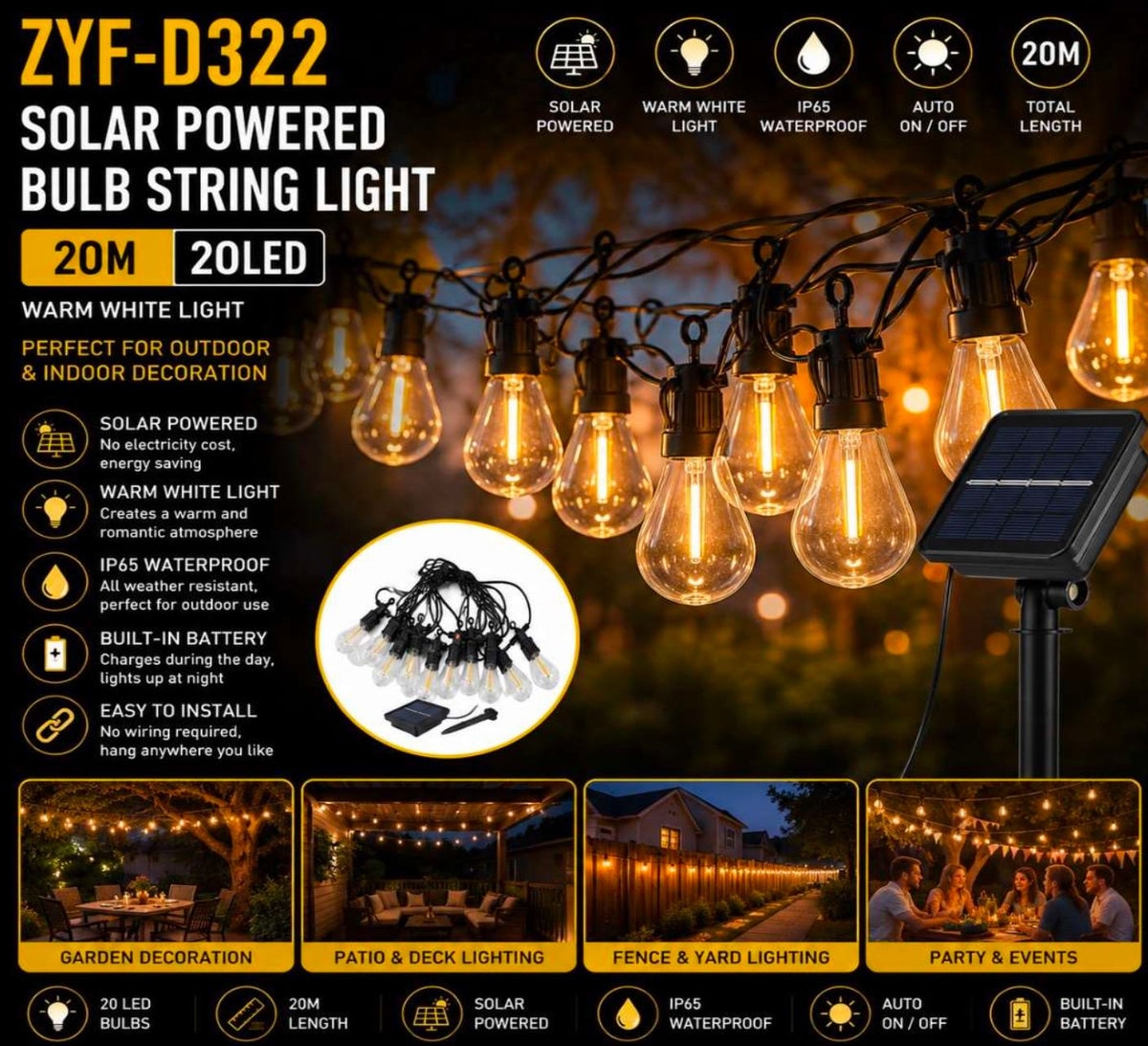 20m Solar Powered LED Bulb String Lights - 20 Bulbs