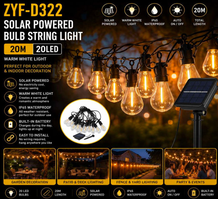20m Solar Powered LED Bulb String Lights - 20 Bulbs