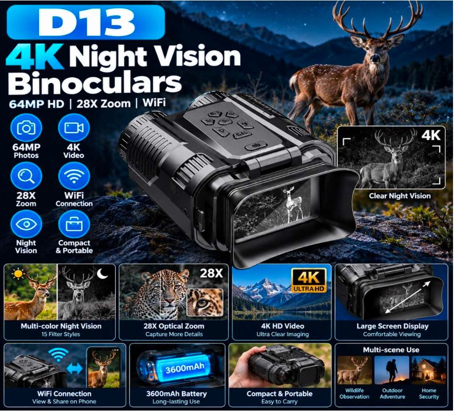 K Night Vision Binoculars - 64MP WiFi 28X Zoom