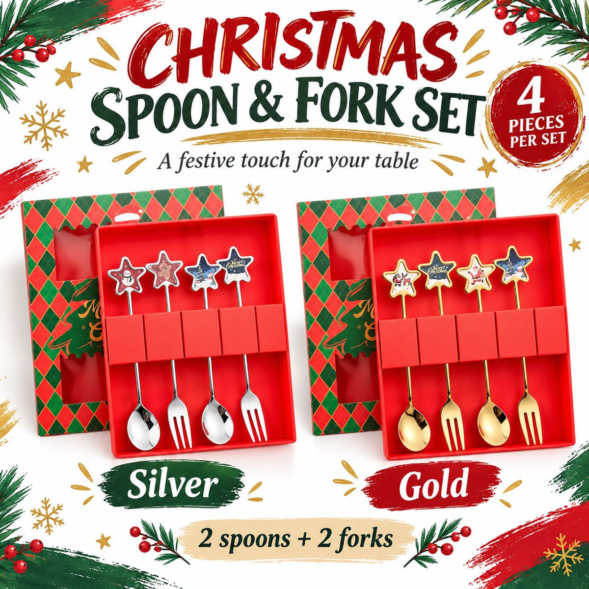 4PC Star Christmas Spoon and Fork Set