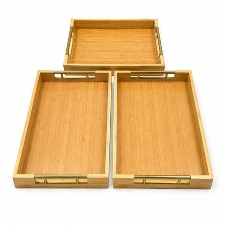 3-Piece Wooden Serving Tray Set with Gold Handles