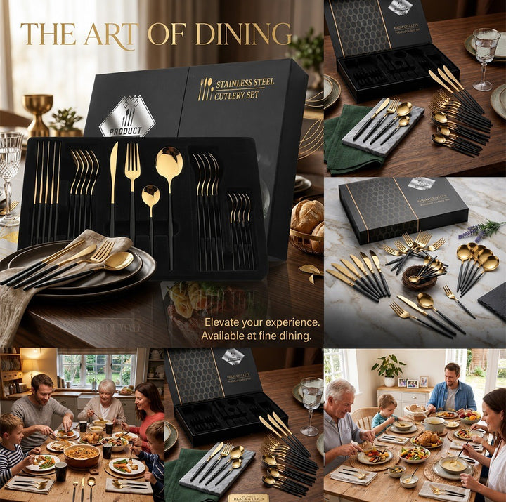 Premium Black & Gold Stainless Steel Cutlery Set – 24 Pieces