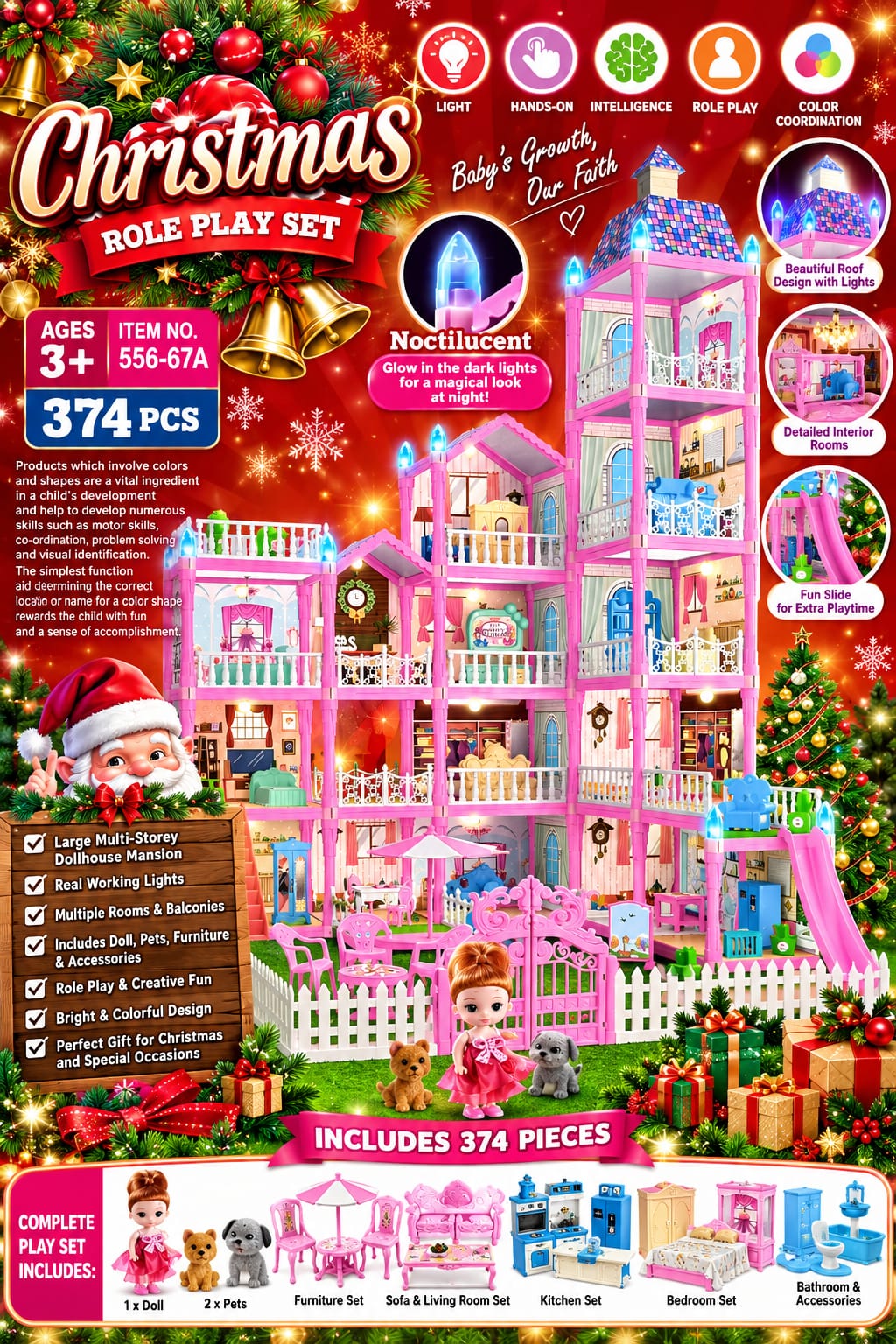 374-Piece Christmas Dollhouse Play Set