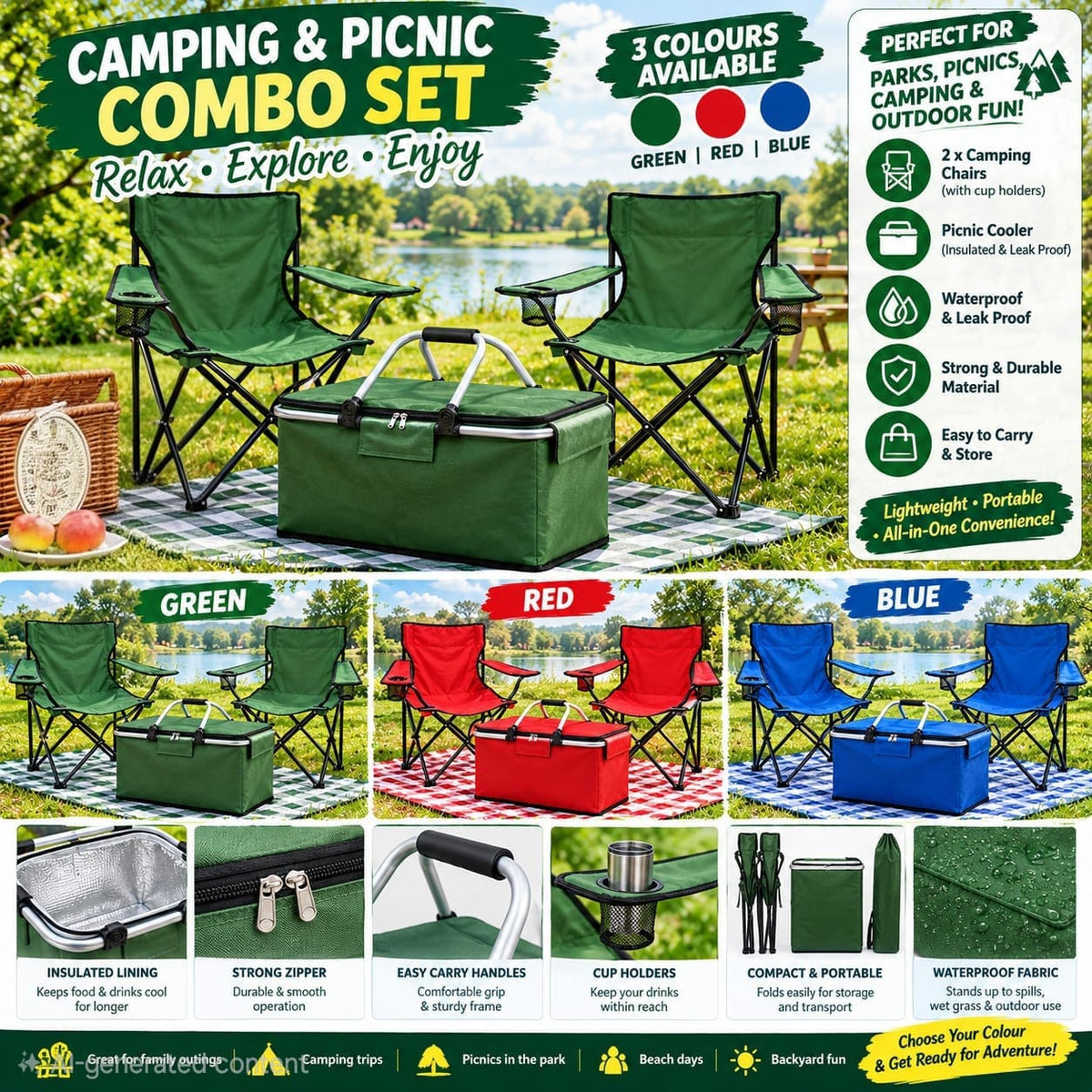 Camping & Picnic Combo – 2 Camping Chairs + Cooler Bag