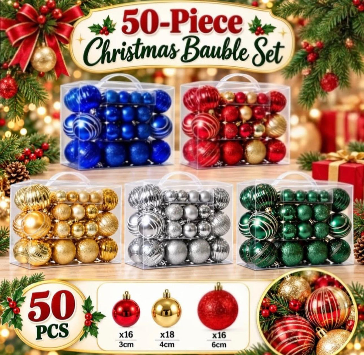 Christmas Bauble Set – 50 Pieces (3cm, 4cm & 6cm)
