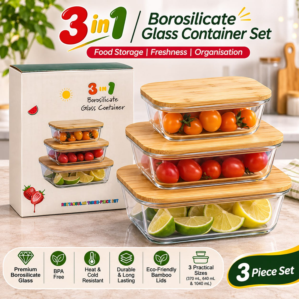 3-Piece Borosilicate Glass Container Set with Bamboo Lids