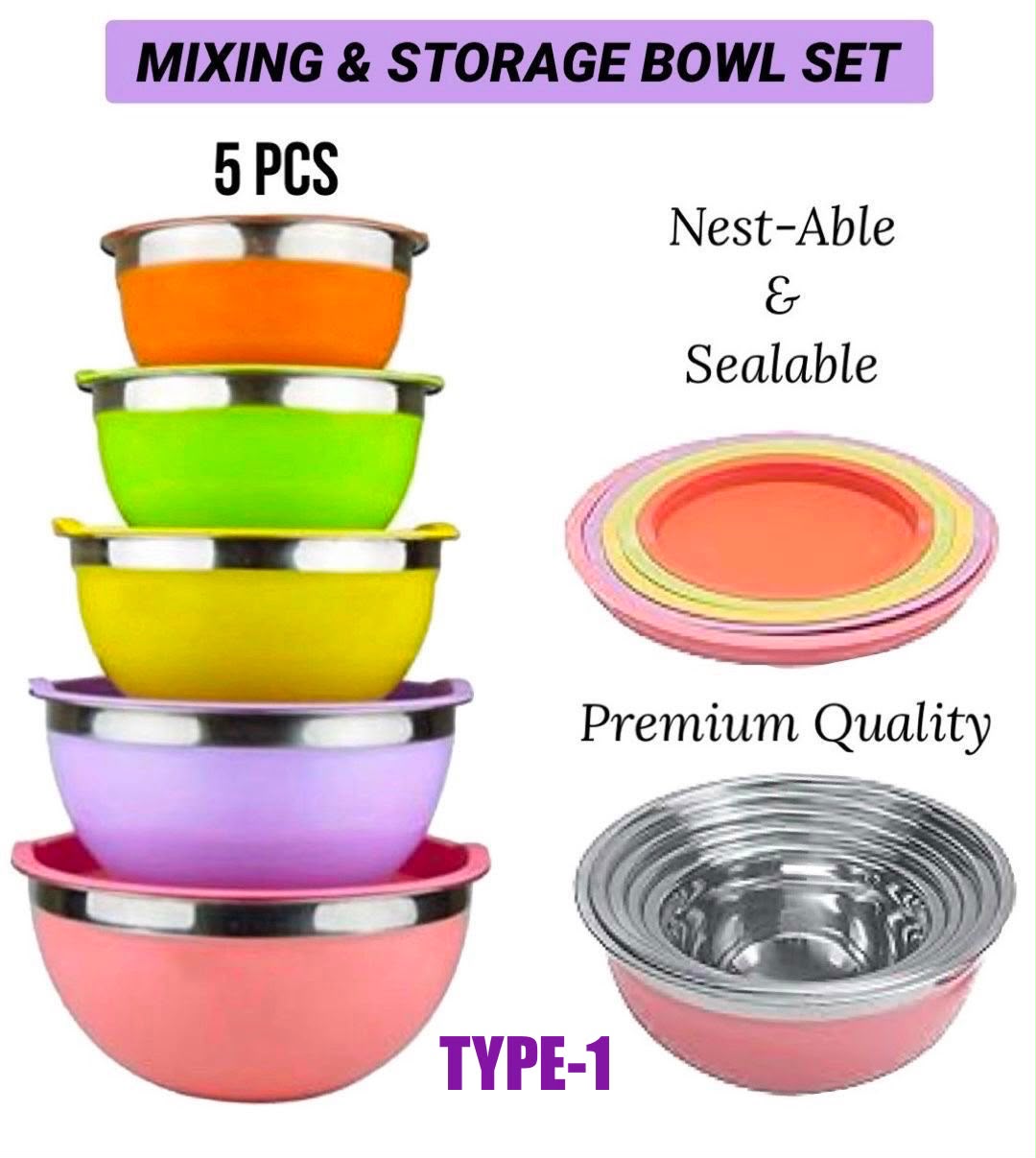 5-Piece Stainless Steel Mixing & Storage Bowl Set with Lids – Type 1