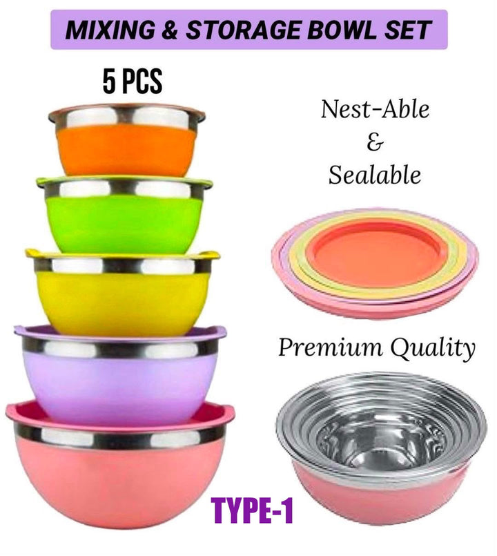 5-Piece Stainless Steel Mixing & Storage Bowl Set with Lids – Type 1