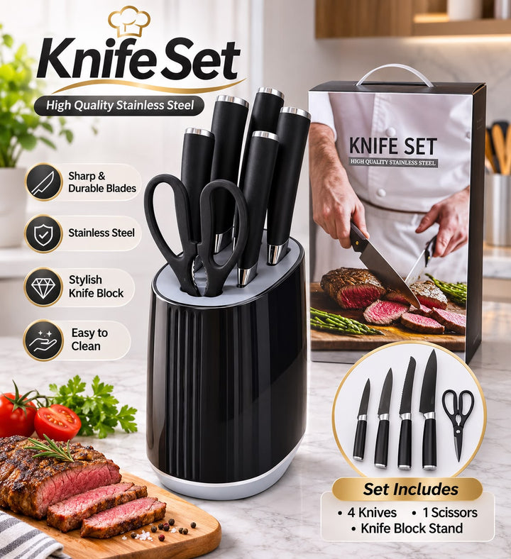 Stainless Steel Kitchen Knife Set with Storage Block – 6 Pieces