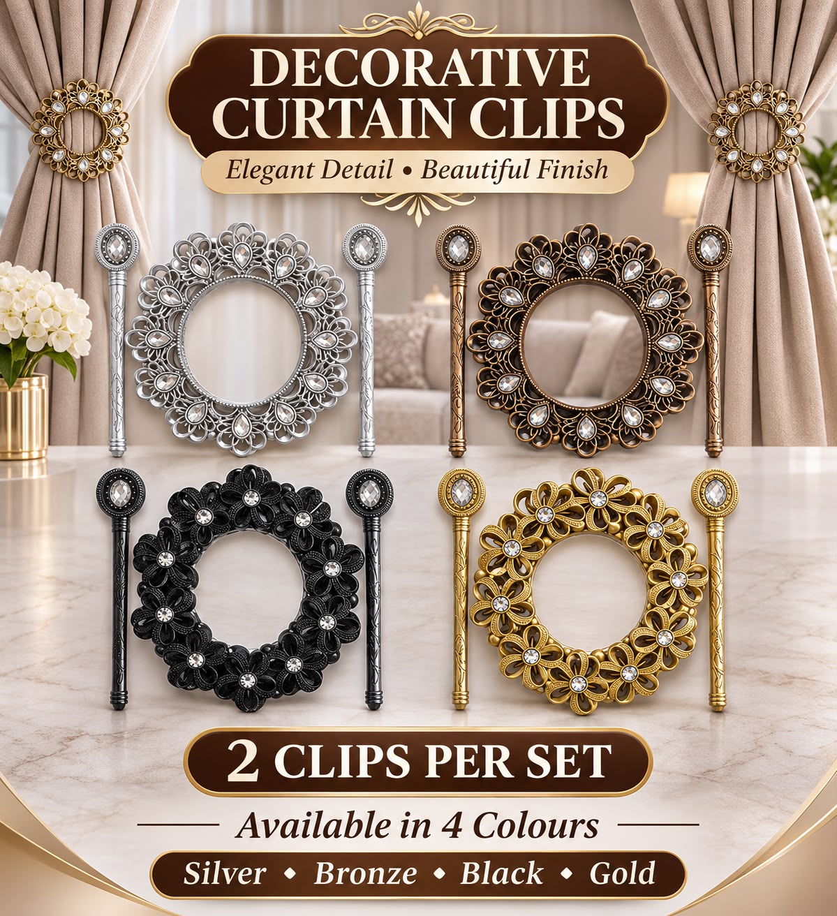 Elegant Decorative Curtain Clips – 2-Piece Set