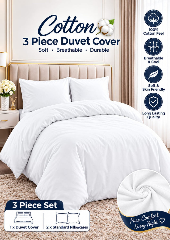 3-Piece 100% Cotton T200 Duvet Cover Set – White