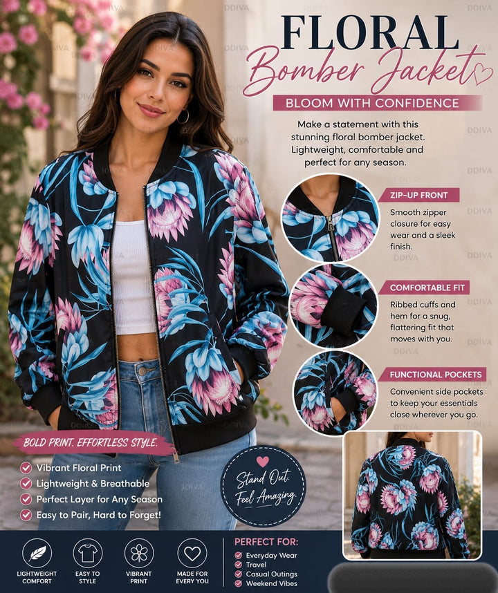 Pink & Blue Protea Puffer Jacket