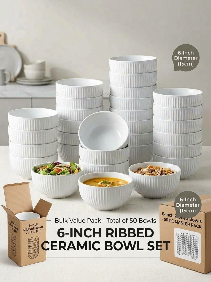 Premium Ribbed Ceramic Bowls – 6 Inch