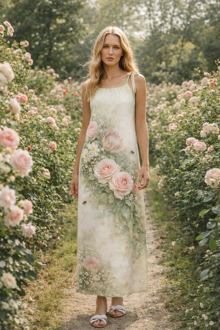 white rose Drawstring Flow Dress