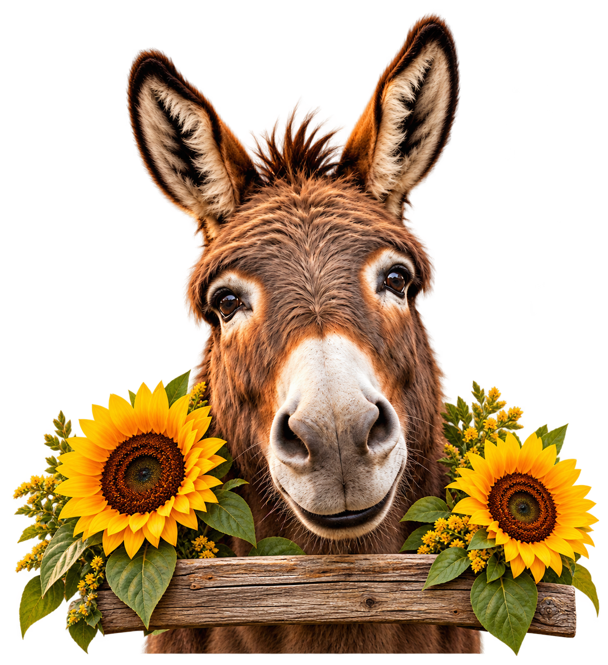 Friendly donkey surrounded by sunflowers